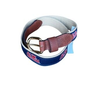 ZEP-PRO Ole Miss Rebels Men 34 Ribbon Belt Navy Tan Leather Brass USA Made NEW